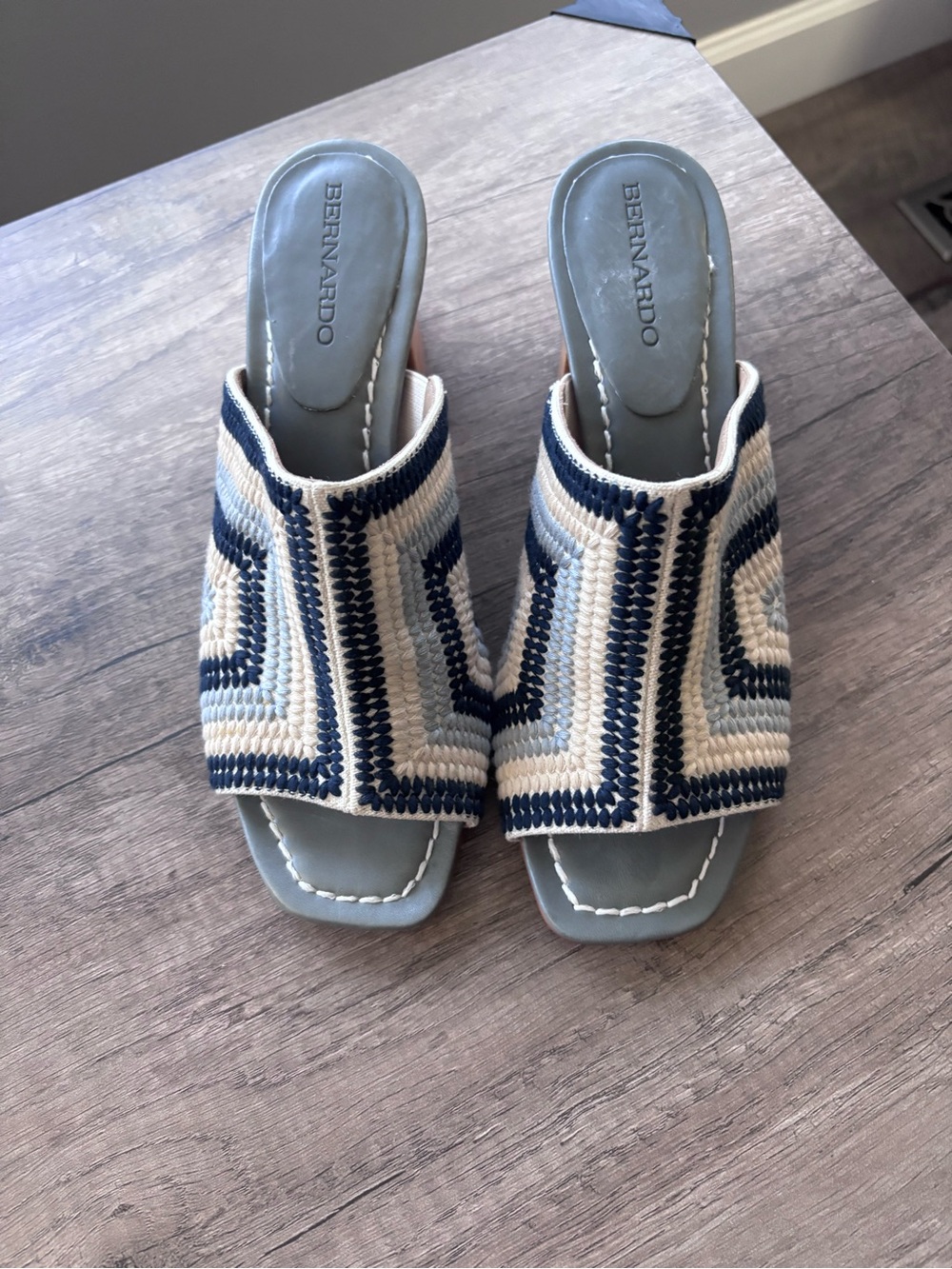 Bernardo Navy and Cream Woven Open-Toe Mules